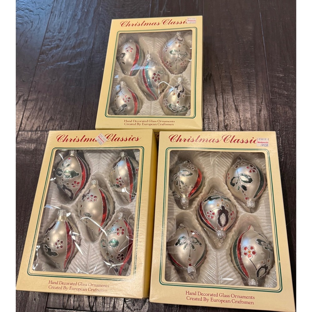 Christmas Commodore Ornaments Silver Red Green Hand Decorated Glass 15p Teardrop